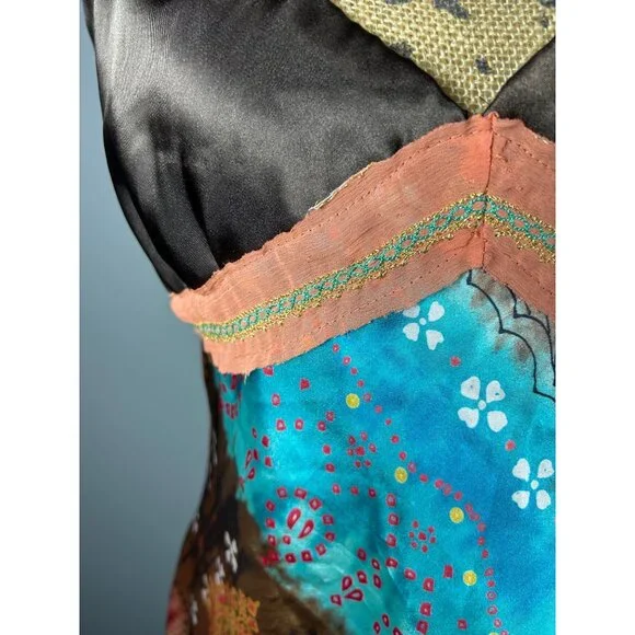 Y2K Satin Slip Dress XL Babydoll Boho Print Adjustable Straps Festival - Picture 5 of 10